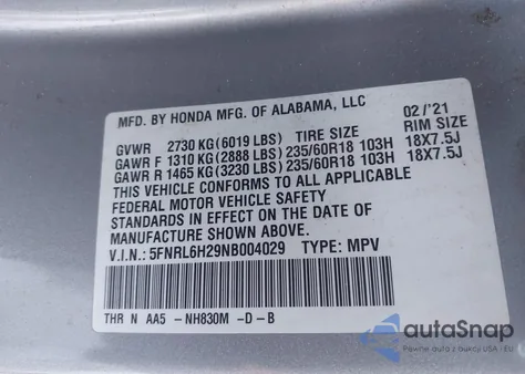 2022 Honda Odyssey Lx z USA, uszkodzony, nr VIN 5FNRL6H29NB004029